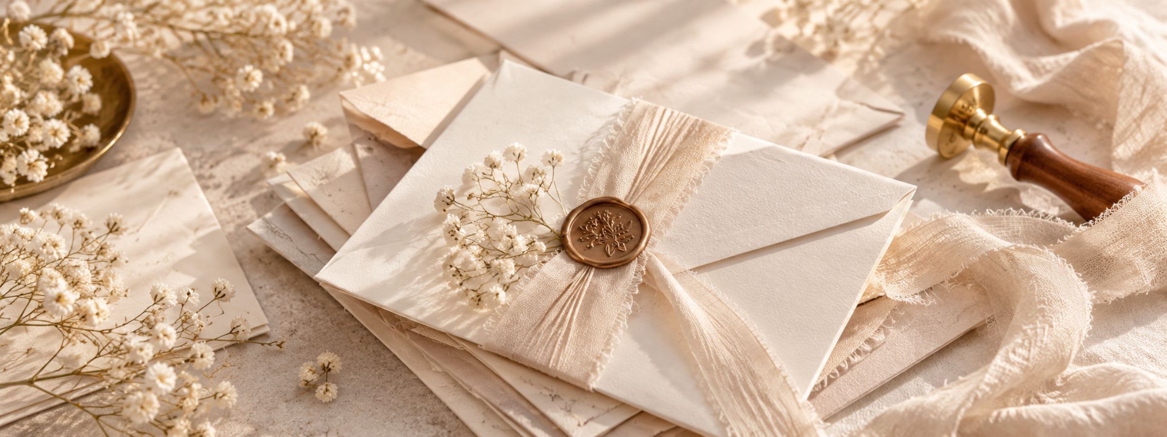 Cream envelopes tied with a linen ribbon and a gold wax seal
