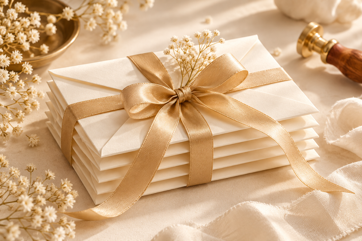 A stack of cream envelopes tied with a gold ribbon