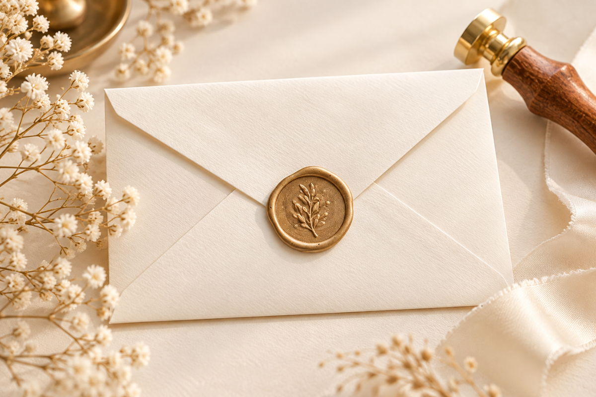 A single cream envelope with a gold wax seal